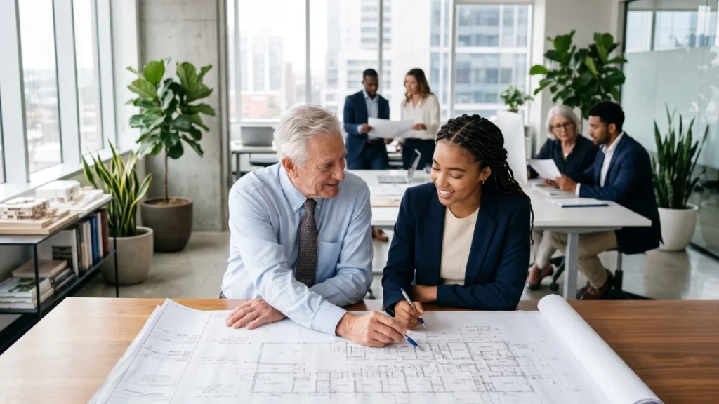 Multigeracionalidade no Trabalho: Estratégias para Unir Diferentes Gerações na Mesma Empresa 1 Colaboradores de diferentes idades colaborando sorridentes num ambiente de trabalho moderno