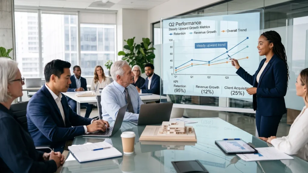 Gestor de recursos humanos a analisar graficos de desempenho e ROI numa reuniao corporativa O Retorno do Investimento (ROI) em Recursos Humanos: Como Medir o Sucesso de Ações de Integração