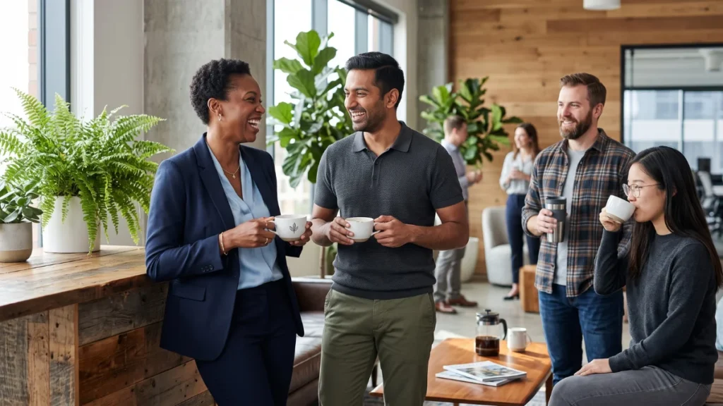 Grupo de colaboradores numa pausa descontraida e rindo em ambiente corporativo saudavel A Síndrome de Burnout e a Importância das Pausas Estratégicas na Produtividade das Equipas