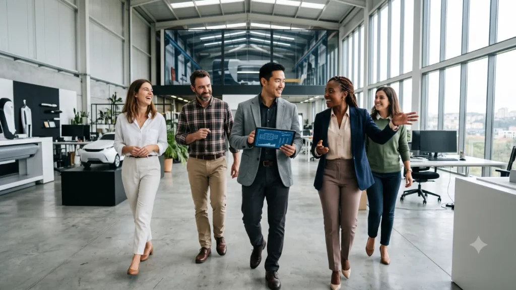 Do Grupo à Equipa de Alta Performance: As Fases de Desenvolvimento Coletivo Segundo a Ciência Organizacional 1 Grupo de engenheiros e gestores aplaudindo o sucesso de um projeto num hangar tecnológico moderno