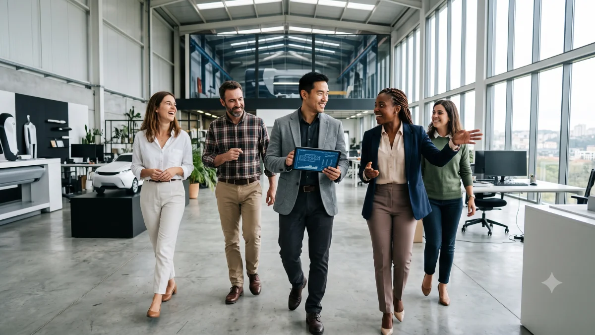 Grupo de engenheiros e gestores aplaudindo o sucesso de um projeto num hangar tecnológico moderno