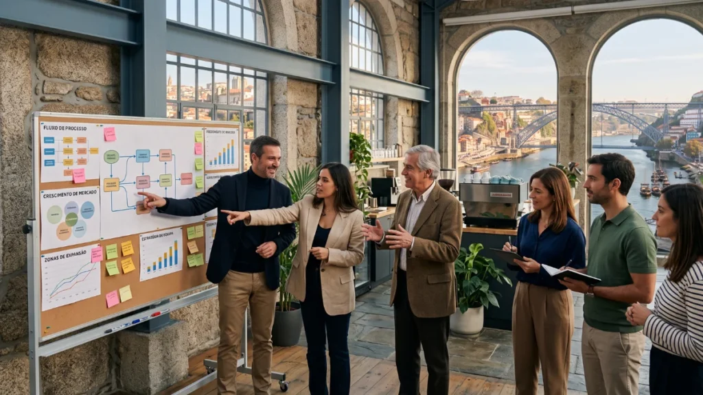Team Building no Porto: Como Fortalecer a Resiliência e Liderança no Tecido Empresarial do Norte 1 Grupo dinâmico de gestores e colaboradores a trabalhar em conjunto num espaço industrial reabilitado no Grande Porto